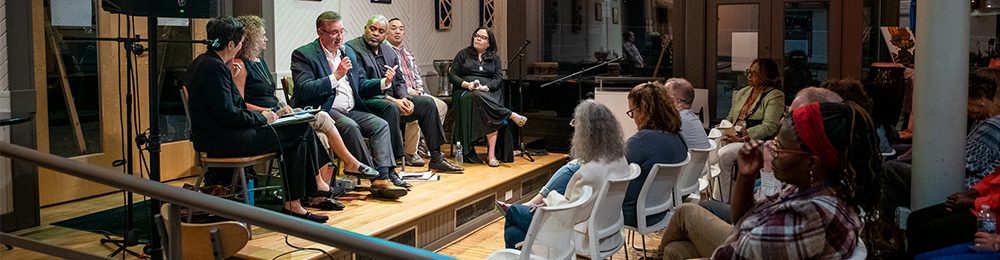 JCRC Civility in our Times. People talking at event.